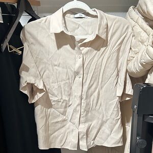 Mango Casual Short Sleeve Button-Down in Cream